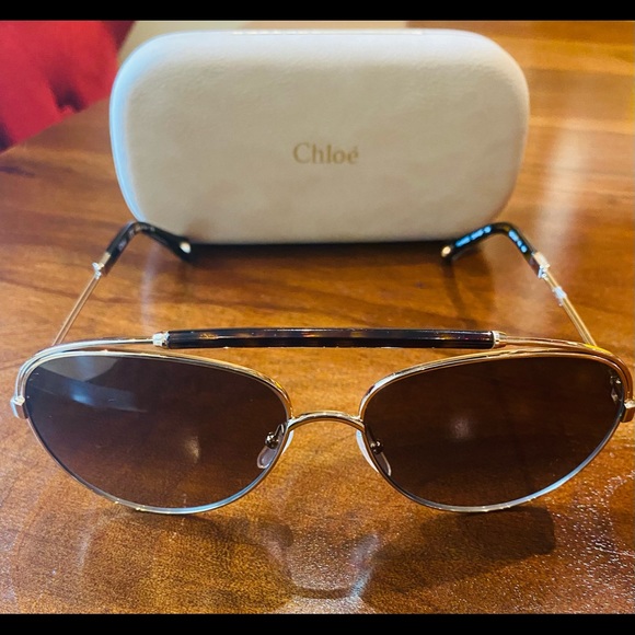 New Chloe Gold Tortoise Aviator Sunglasses w Case main image 5